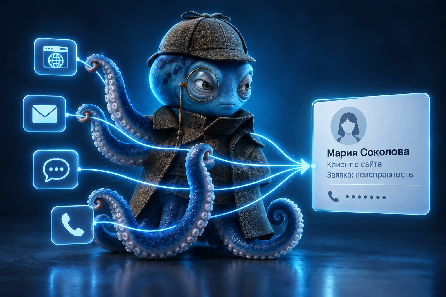 Осьминог-оператор Amazi объединяет обращения с сайта, почты, мессенджеров и телефона в одной карточке клиента